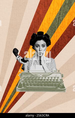 3D Foto Collage Vorlage Trend Artwork Composite von jungen Dame verwirrtes Gesicht Nachrichten Informationen halten Festnetztelefon Schreibmaschine Maschine Stockfoto