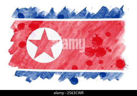 Nordkorea-Flagge ist in flüssigem Aquarell dargestellt, isoliert auf weißem Hintergrund. Unvorsichtige Farbschattierung mit Bild der Nationalflagge. Stockfoto