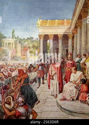 Farbtafel von Pontius Pilatus, der Christus dem Volk darstellte - Pilatus wusch seine Hände vor der Menge und sagte: "Ich bin unschuldig am Blut Stockfoto