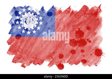 Myanmar-Flagge ist in flüssigem Aquarell dargestellt, isoliert auf weißem Hintergrund. Unvorsichtige Farbschattierung mit Bild der Nationalflagge. Unabhängigkeit Stockfoto