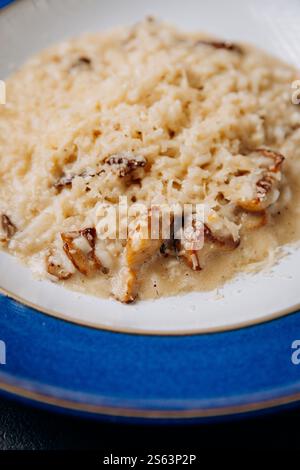Cremiges Stachelpilz-Risotto auf blauem Teller mit Parmesan-Beilage Stockfoto