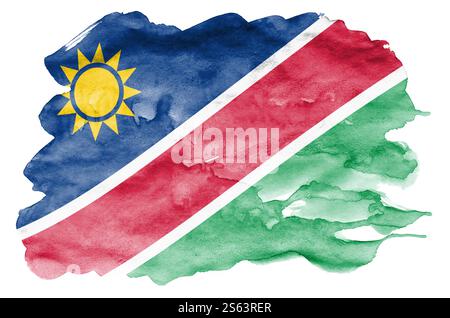 Namibia Flagge ist in flüssiger Aquarell Stil auf weißem Hintergrund dargestellt. Unvorsichtige Farbe Beschattung mit Bild der nationalen Flagge. Unabhängigkeit Da Stockfoto