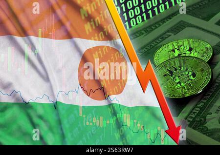 Niger-Flagge und Kryptowährung sinkender Trend mit zwei Bitcoins auf Dollarscheinen und Binärcode-Anzeige. Konzept der Reduzierung von Bitcoin in Preis und schlecht Stockfoto