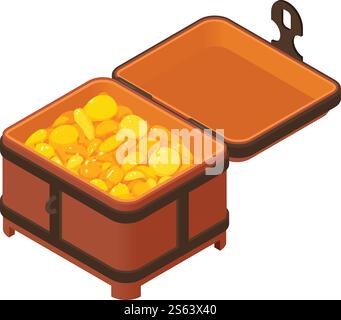 Goldene Münze, die die Brustkiste verpasst. Isometrisch des goldenen Münze-Dower-Brustvektorsymbols für Webdesign isoliert auf weißem Hintergrund. Goldene Münztaucher-Brustsymbol, isometrischer Stil Stock Vektor