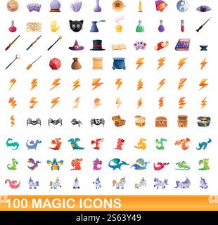 100 Zaubersymbole gesetzt. Zeichentrickillustration von 100 Zaubersymbolen Vektor-Set isoliert auf weißem Hintergrund. 100 Zaubersymbole, Zeichentrickstil Stock Vektor