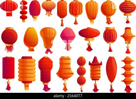Chinesische Laternen-Symbole gesetzt. Zeichentricksatz chinesischer Laternen-Vektor-Symbole für Webdesign. Chinesische Laternen-Ikonen, Zeichentrickstil Stock Vektor