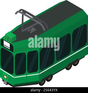 Grünes Symbol für Straßenbahnwagen. Isometrisch des grünen Straßenbahnwagenvektorsymbols für Webdesign isoliert auf weißem Hintergrund. Grüne Straßenbahnwagenfigur, isometrischer Stil Stock Vektor