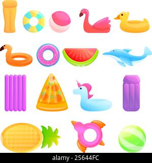 Symbole für aufblasbare Matratzen. Zeichentricksatz aufblasbarer Matratzenvektorsymbole für Webdesign. Aufblasbare Matratzen-Iconset, Cartoon-Stil Stock Vektor