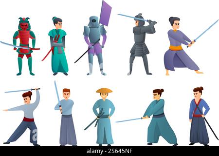 Samurai-Symbole festgelegt. Zeichentricksatz von Samurai-Vektor-Icons für Webdesign. Samurai-Symbole Set, Cartoon-Stil Stock Vektor