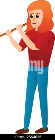 Mädchen, das Flöte spielt. Cartoon des Mädchens, das Flötenvektor-Symbol für Webdesign spielt, isoliert auf weißem Hintergrund. Mädchen, das Flöte spielt, Ikone im Cartoon-Stil Stock Vektor