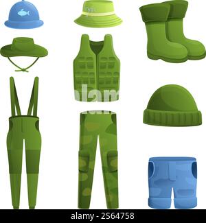 Fisherman Bekleidung Icons Set. Zeichentricksatz von Fischerkleidung Vektor-Icons für Webdesign. Fisherman-Kleidung Ikonen Set, Cartoon-Stil Stock Vektor
