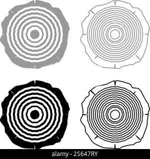 Schnitt Baum Holz Ringe Stamm Holz Textur Icon Umriss Set schwarz grau Farbe Vektor Illustration flache Art einfaches Bild. Schnitt Baum Holz Ringe Stamm Holz Textur Icon Umriss Set schwarz grau Farbe Vektor Illustration flache Stil Bild Stock Vektor