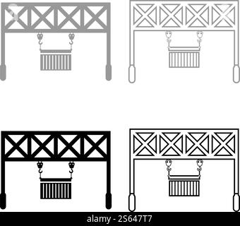Hafenlader Eisenbahnkran mit Frachtcontainer Hebegut Logistiktechnologie Terminal Service Icon Umrisssatz schwarz grau Farbe Vektor Illustration flach Stil einfaches Bild. Hafenlader Eisenbahnkran mit Frachtcontainer Hebegut Logistiktechnologie Terminal Service Icon Umrisssatz schwarz grau Farbe Vektor Illustration flache Stil Bild Stock Vektor