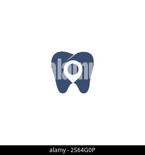 Zahn- und Kartenzeiger-Logo. Dental- und GPS-Positionssymbol oder -Symbol. Stock Vektor