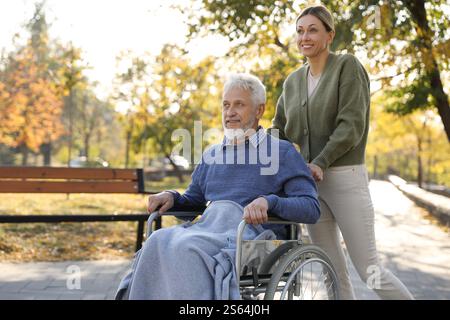 Betreuungsperson hilft Senioren im Rollstuhl im Park. Häuslicher Gesundheitsdienst Stockfoto