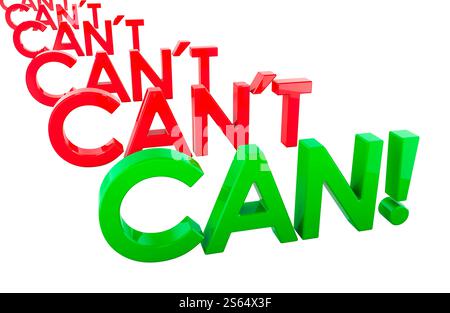 Kann nicht zu CAN werden. Motivationskonzept. 3D-Rendering isoliert auf weißem Hintergrund Stockfoto