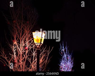 Eine leuchtende, altmodische Straßenlaterne bei Nacht mit festlich geschmückten Bäumen mit roten Ornamenten und beleuchteten Zweigen Stockfoto