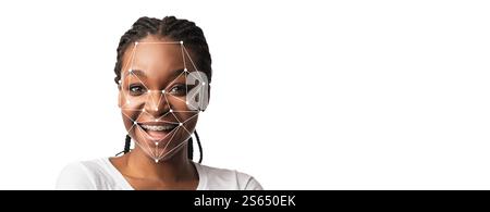 Gesichtserkennungstechnologie für lächelnde Menschen mit glücklichem Ausdruck Stockfoto