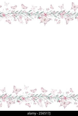 Aquarellrahmen mit Schmetterlingen und Blumenelementen in Pastelltönen. Illustration der Vorlage für Hochzeitseinladungen oder Grußkarten zur Babyparty. Rand mit Blumen für Postkarten. Stockfoto