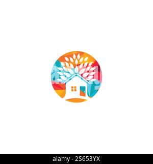 Illustriertes Tree House-Logo für Umweltpflege. Vektordesign-Vorlage für Öko-Haus. Stock Vektor