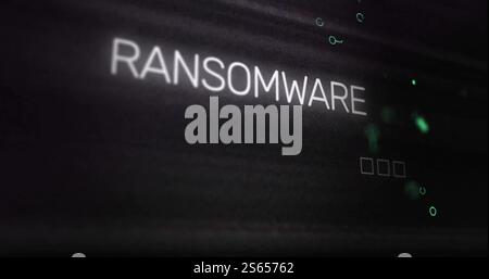 RANSOMWARE-Textbild über dunklem Hintergrund mit digitalen Schnittstellenelementen Stockfoto