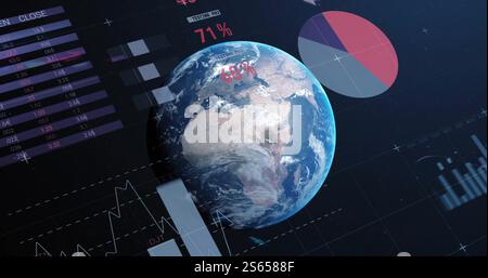 Bild der Datenverarbeitung und Diagramme über den Globus Stockfoto