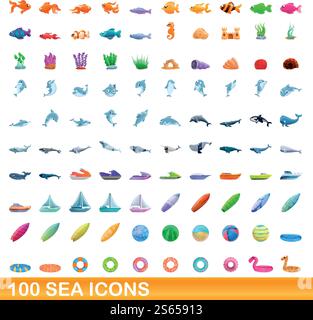 100 SEA-Symbole gesetzt. Zeichentrickillustration von 100 Meer-Ikonen Vektor-Set isoliert auf weißem Hintergrund. 100 Ikonen im Meer, Cartoon-Stil Stock Vektor