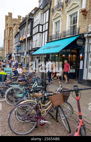 Cambridge England Stadtzentrum, Fitzbillies berühmtes Café für chelsea Buns auf der Kings Parade, mit Fahrrädern, die auf dem Bürgersteig gelagert werden, England, UK, 2024 Stockfoto