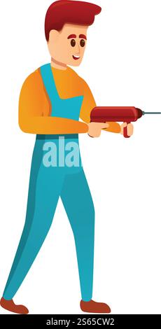 Symbol „Techniker mit Bohrer“. Zeichentrick eines Ingenieurs mit Bohrer-Vektor-Symbol für Webdesign isoliert auf weißem Hintergrund. Ingenieur mit Drill-Symbol, Cartoon-Stil Stock Vektor