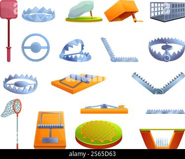 Symbole für Tierfalle gesetzt. Zeichentrickset von Tierfalle Vektorsymbolen für Webdesign. Tierfalle Icons Set, Cartoon-Stil Stock Vektor