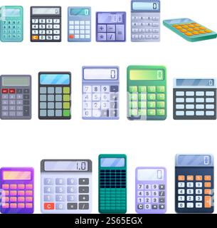 Symbolsatz für Taschenrechner. Zeichentricksatz von Taschenrechner-Vektorsymbolen für Webdesign. Taschenrechner-Symbole gesetzt, Zeichentrickstil Stock Vektor