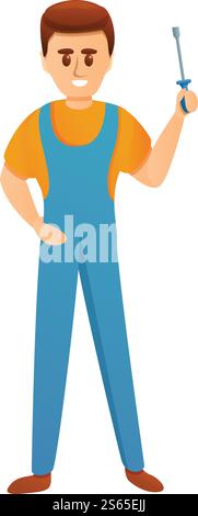 Symbol Elektriker mit Schraubendreher. Cartoon des Elektrikers mit Schraubenzieher Vektor-Symbol für Web-Design isoliert auf weißem Hintergrund. Elektriker mit Schraubenzieher-Symbol, Cartoon-Stil Stock Vektor