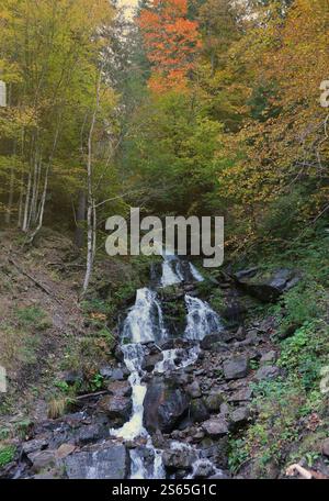 Ein Bergwasserfall fließt über die Felsen. Wasserfall kaskadiert im Herbst auf moosigen Felsen. Ein Bergwasserfall fließt über die Felsen. Wasserfallkaskade Stockfoto