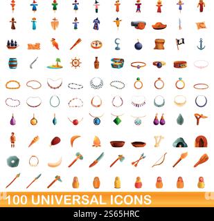 100 universelle Symbole. Zeichentrickillustration von 100 universellen Symbolen Vektor-Satz isoliert auf weißem Hintergrund. 100 universelle Symbole im Cartoon-Stil Stock Vektor