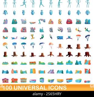 100 universelle Symbole. Zeichentrickillustration von 100 universellen Symbolen Vektor-Satz isoliert auf weißem Hintergrund. 100 universelle Symbole im Cartoon-Stil Stock Vektor
