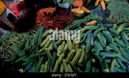 Eine lebendige Präsentation von frischem Gemüse auf einem Markt, einschließlich Gurken, Kürbis, grüne Bohnen und rote Chilischoten, auf dunkler Oberfläche angeordnet. Stockfoto