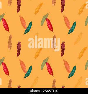 Ein atemberaubendes und lebendiges Federmuster in Aquarellfarben in verschiedenen wunderschönen Farbtönen auf beigefarbenem Hintergrund. Nahtloses Aquarellmuster für den Druck auf Stoff und Papier. Stockfoto