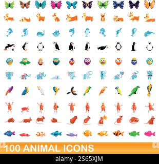 100 Tiersymbole gesetzt. Zeichentrickillustration von 100 Tiersymbolen Vektorsatz isoliert auf weißem Hintergrund. 100 Tiersymbole im Cartoon-Stil Stock Vektor