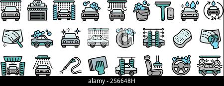 Symbole für die Waschanlage gesetzt. Kontursatz von Vektorsymbolen für die Waschanlage für Webdesign isoliert auf weißem Hintergrund. Symbole für die Waschanlage Set, Umrissstil Stock Vektor