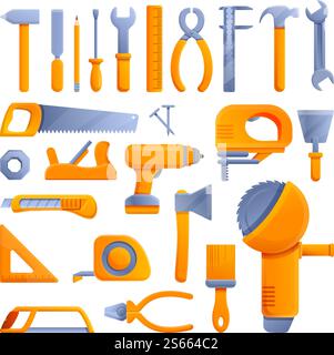 Symbolsatz Zimmermannswerkzeuge. Zeichentricksatz von Zimmermannswerkzeugen Vektorsymbole für Webdesign. Tischler Werkzeuge Symbole Set, Cartoon Stil Stock Vektor