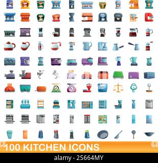 100 Küchen-Icons Set. Zeichentrickillustration von 100 Küchen-Icons Vektor-Set isoliert auf weißem Hintergrund. 100 Küchen-Ikonen im Zeichentrickstil Stock Vektor