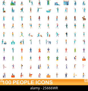 100 Symbole für Personen eingestellt. Zeichentrickillustration von 100 Menschen Icons Vektor auf weißem Hintergrund isoliert gesetzt. 100 Personen Ikonen gesetzt, Cartoon-Stil Stock Vektor