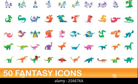 50 Fantasy-Symbole. Zeichentrickillustration von 50 Fantasy-Icons Vektor-Set isoliert auf weißem Hintergrund. 50 Fantasy-Ikonen im Cartoon-Stil Stock Vektor