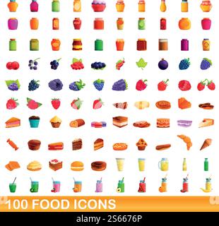 100 Symbole für Lebensmittel eingestellt. Zeichentrickillustration von 100 Lebensmittelsymbolen Vektor-Set isoliert auf weißem Hintergrund. 100 Ikonen im Cartoon-Stil Stock Vektor