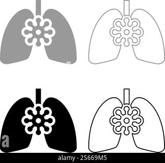 Coronavirus geschädigte Lungen Virus Corona atack Essen Lunge Konzept COVID 19 infizierte Tuberkulose Icon Umriss Set schwarz grau Farbe Vektor Illustration flache Stil einfaches Bild. Coronavirus geschädigte Lungen Virus Corona atack Essen Lunge Konzept COVID 19 infizierte Tuberkulose Icon Umriss Set schwarz grau Farbe Vektor Illustration flache Stil Bild Stock Vektor