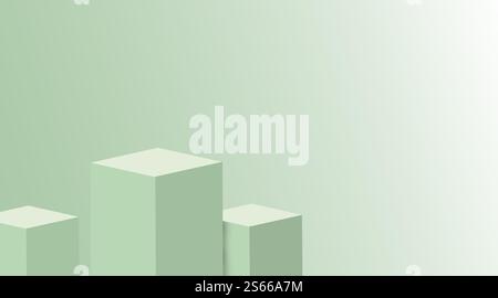 Das grüne 3D-Podium für die Anzeige von Produktanzeigen hat einen realistischen grünen Hintergrund und eine verlaufende Lichtszene, abstrakte Elemente in einfachem Design, Prod Stockfoto