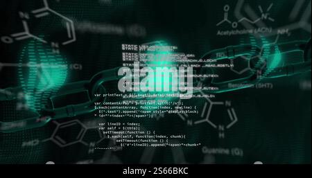 Bild der Datenverarbeitung und Kette über Elemente und leuchtende Daten auf schwarzem Hintergrund Stockfoto