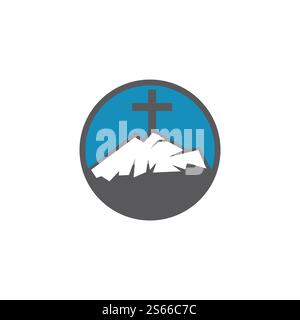 Baptistenkreuz im Berglogodesign. Überqueren Sie den Gipfel des Berges. Stock Vektor