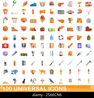 100 universelle Symbole. Zeichentrickillustration von 100 universellen Symbolen Vektor-Satz isoliert auf weißem Hintergrund. 100 universelle Symbole im Cartoon-Stil Stock Vektor