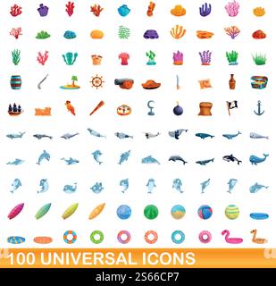 100 universelle Symbole. Zeichentrickillustration von 100 universellen Symbolen Vektor-Satz isoliert auf weißem Hintergrund. 100 universelle Symbole im Cartoon-Stil Stock Vektor